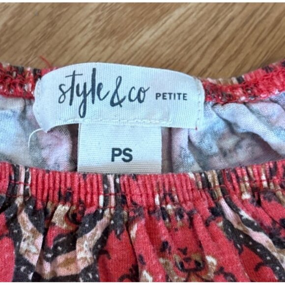 Style & Co Blouse Small Petite Bohemian Floral Bell Sleeve Red Gray Ruffled Boho - Picture 4 of 7